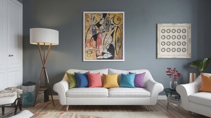 Stylish Living Room with Colorful Accents and Modern Art. A contemporary living room featuring a white sofa adorned with colorful cushions, stylish decor, and eye-catching artwork on the mut...