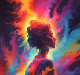 Illustration of woman silhouette with dramatic multicolor smoke background.