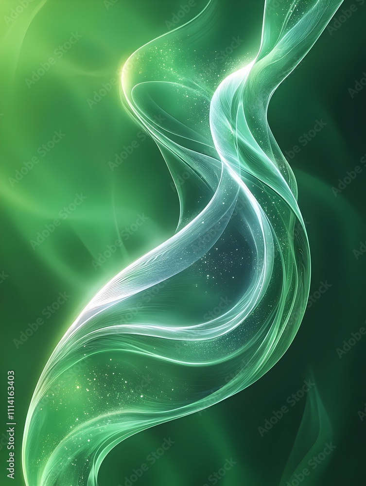 Poster an ethereal display of flowing green smoke with delicate light patterns, creating a sense of movemen