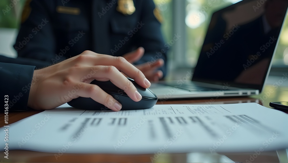 Poster close-up of a hand using a computer mouse, documents and a blurred police officer in the background.