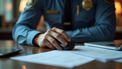 A police officer diligently works late into the night, reviewing crucial documents and using a computer mouse.  Dedicated service in action.