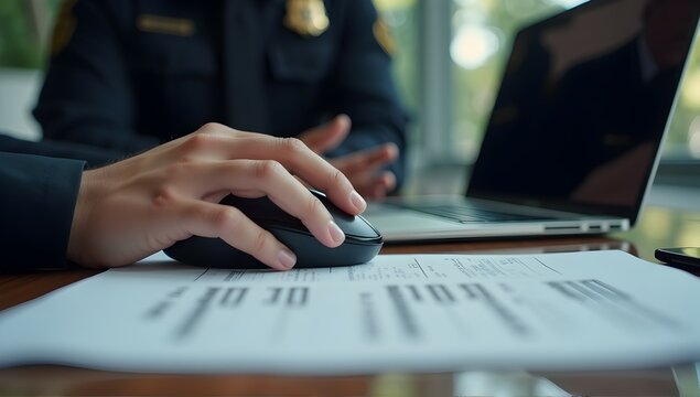 Close-up of a hand using a computer mouse, documents and a blurred police officer in the background.  Digital evidence analysis in progress.