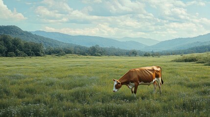 Fototapeta premium Cow grazing in a green meadow, mountain backdrop, natural light, rural and peaceful, serene landscape, agricultural setting, sense of freedom and nature