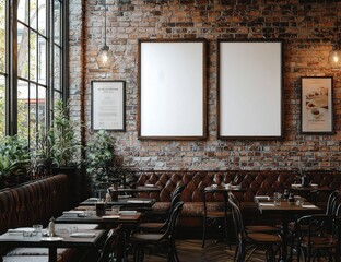Chic urban cafe interior with three blank posters on rustic brick wall, featuring vintage leather seating and lush greenery accents