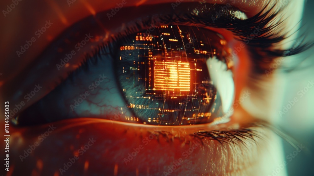Poster a close-up view of a human eye with digital interface elements showcasing technology and connectivit