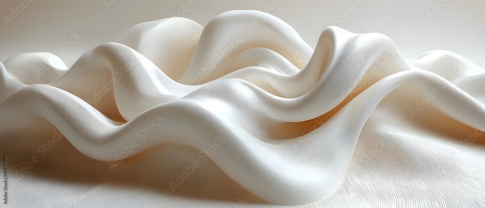 Poster a close-up of undulating, smooth white fabric creating an elegant wave-like texture. the soft curves