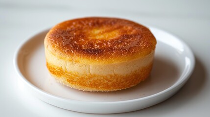 Fototapeta premium A golden, fluffy cheesecake on a white plate, showcasing its smooth texture and baked top.