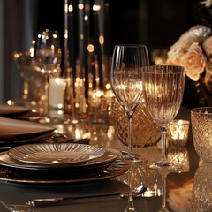 An elegant dinner setting adorned with shimmering glassware, stylish plates, and decorative candles, all resting on a sleek surface against a pristine backdrop.