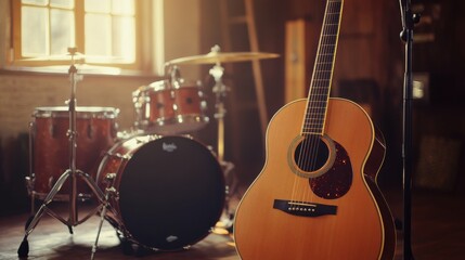 Naklejka premium Acoustic guitar and drum set in a cozy studio, warm ambient light, isolated, capturing the essence of live jam sessions and creativity