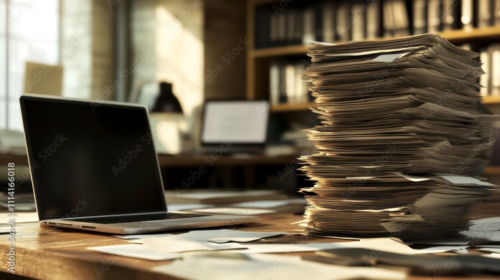 Aufkleber laptop and a large stack of papers on a messy office desk.