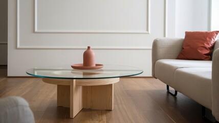 Modern Living Room with Stylish Glass Coffee Table and Minimalist Decor. Contemporary living space featuring a chic glass coffee table, wooden accents, and a minimalist ceramic vase to enhan...