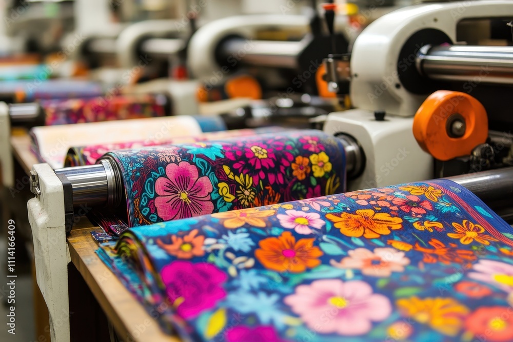Fototapete a row of modern printing machines in a well-lit workshop each producing colorful vibrant textiles