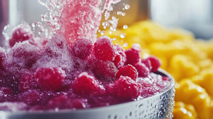 Juice factory. Fresh raspberries being washed in a bowl, surrounded by vibrant yellow fruit,...