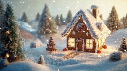 Decorated gingerbread house with snow frosting, concept of holiday baking, festive crafts, and cozy Christmas traditions.