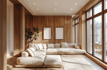 Modern white and brown living room interior with elegant wooden wall and bright natural light