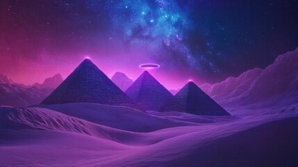 Fototapeta premium Bright glowing UFO over desert pyramids, vibrant colors, surreal night sky with galaxies, isolated scene, futuristic and otherworldly concept