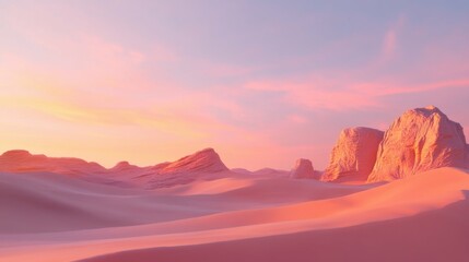 Naklejka premium Alien desert at dusk with pastel sky, smooth sand dunes, surreal rock formations, soft pink and orange lighting, dreamlike and ethereal atmosphere
