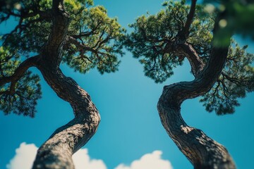 Two intertwined trees reach towards the sky. Their branches stretch out with vibrant green leaves. A bright blue background enhances their beauty. Generative AI