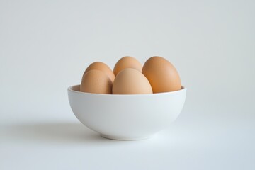 A white ceramic bowl filled with brown eggs isolated on a white background
