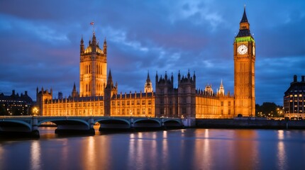 Obraz premium Big Ben at night, capturing the iconic clock tower illuminated by glowing lights. The scene showcases stunning architectural details against a dark sky, exuding timeless elegance. 