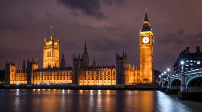 Big Ben at night, capturing the iconic clock tower illuminated by glowing lights. The scene showcases stunning architectural details against a dark sky, exuding timeless elegance.
 - Powered by Adobe