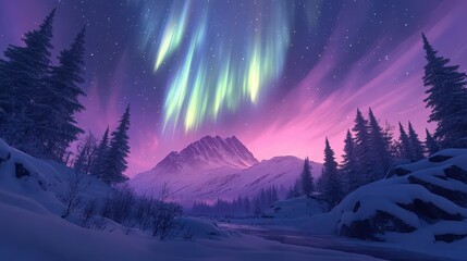 A serene winter landscape with snow-covered trees under a mesmerizing aurora borealis sky. Captivating natural beauty in the heart of winter.