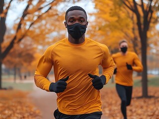 Naklejka premium Joggers in masks running through a fogshrouded park, selective focus on moving limbs, dynamic, silhouette of blurred trees, endurance test