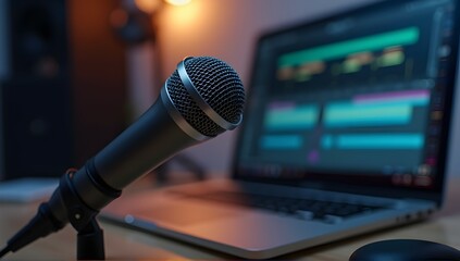 Close-up of a professional microphone poised before a laptop screen displaying audio editing software.  Ready to record?