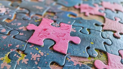 A bright puzzle with a pink location where the final piece should be and one empty piece adjacent to the apply