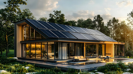 Obraz premium Photorealistic countryside house with solar energy panels for eco-friendly living.
