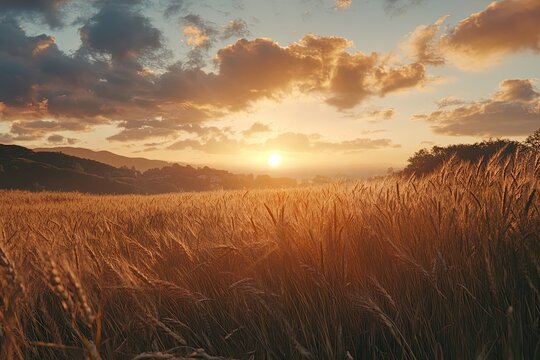 a wheat field under a dramatic sunset, with soft clouds and warm hues