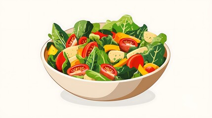 A vibrant salad made with leafy greens, colorful vegetables, and a drizzle of heart-healthy oil in a ceramic bowl 