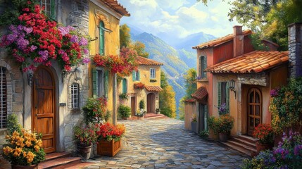 Fototapeta premium Rustic European village with colorful buildings, narrow cobblestone streets, vibrant flowers in window boxes, warm and inviting, old-world charm