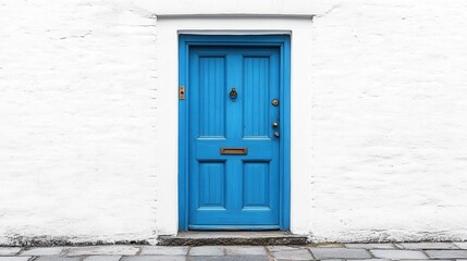 Naklejka premium Classic blue door with frame, isolated on white background, creating a bold statement