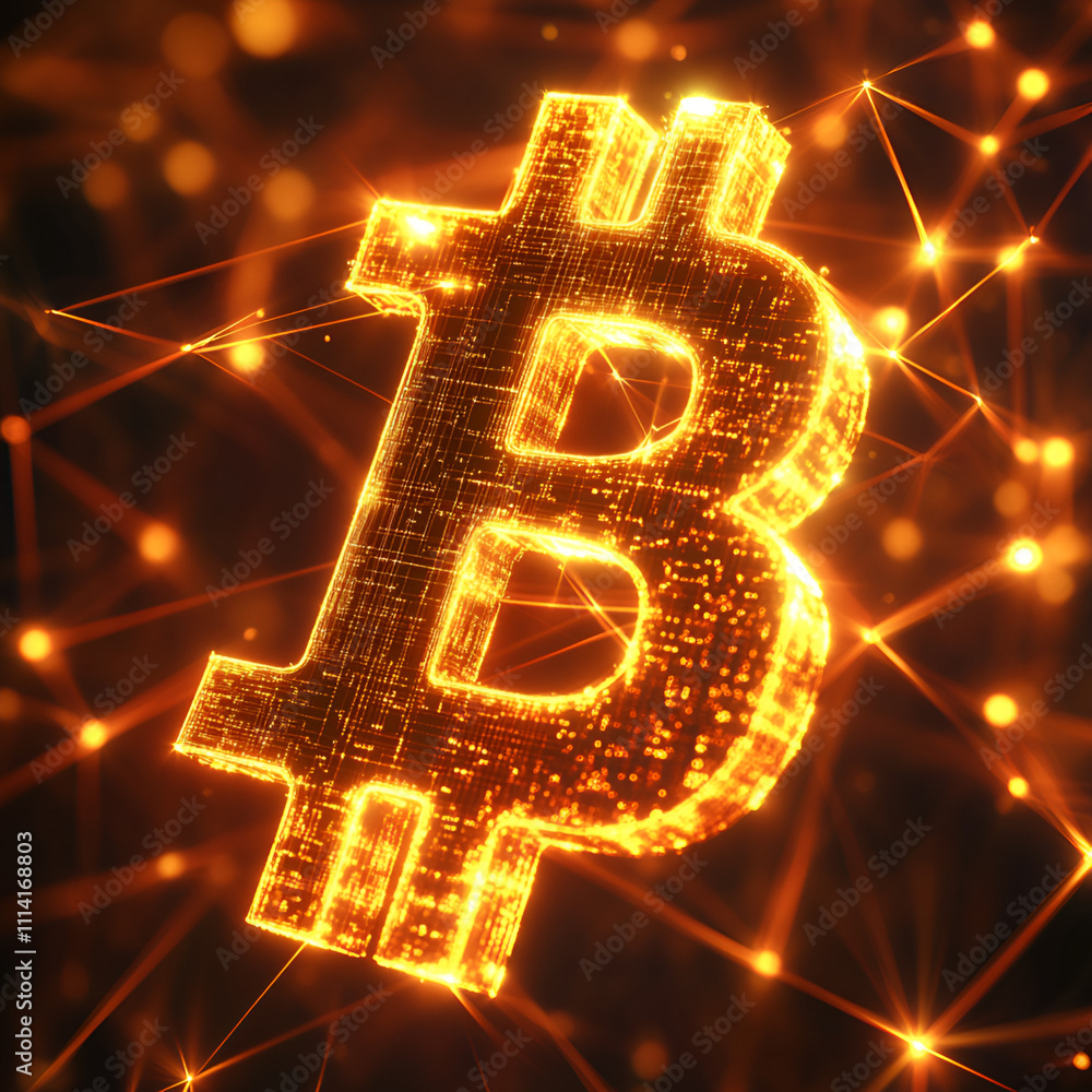Poster bitcoin cryptocurrency symbol glowing in digital network virtual environment 3d rendered image tech 