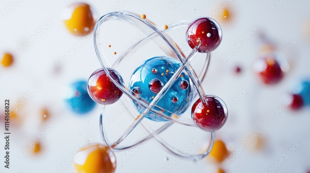Poster on a white background, a colorful representation of an atomic model depicting intersecting orbits an