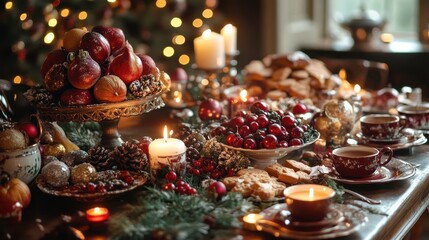 A Christmas table with hot chocolate, gingerbread, fruits, and candles