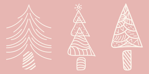 Doodle set three Christmas tree. Colorful vector hand drawn illustration in pink, white colours for cards, banners, wallpaper, background, textile, wrapping