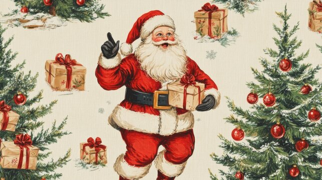 Seamless christmas pattern featuring santa claus and gifts cheerful holiday design festive atmosphere high-fidelity artwork