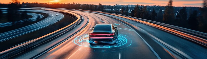 Autonomous Electric Car on Highway at Sunset with Futuristic Digital Interface Overlay for Smart Transportation Concept