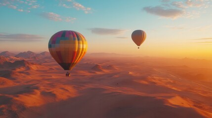 Obraz premium beautiful hot air balloons floating over desert landscape, vibrant colors, golden sunrise, perfect for adventure and exploring new horizons