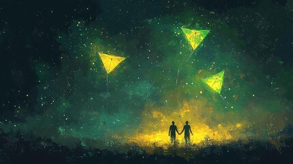 Ethereal Night Sky with Two Silhouetted Figures Holding Hands Beneath Floating Geometric Shapes and Sparkling Stars