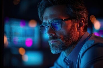 Focused Professional Man with Glasses Working Late at Night in a Modern Office with Neon Lights and Computer Screens