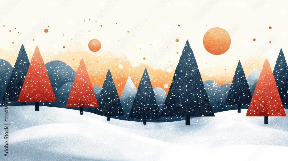 Poster Abstract geometric shapes represent Christmas trees in a snowy winter forest, creating a serene and festive atmosphere. Generative AI