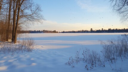 Fototapeta premium Winter Lakeside Scene Snow Covered Frozen Lake Trees