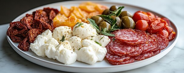 Italian Antipasti Snacks On White Plate On Marble Background Focaccia Burrata Olives Sun Dried Tomatoes Salami Cheese Parmesan