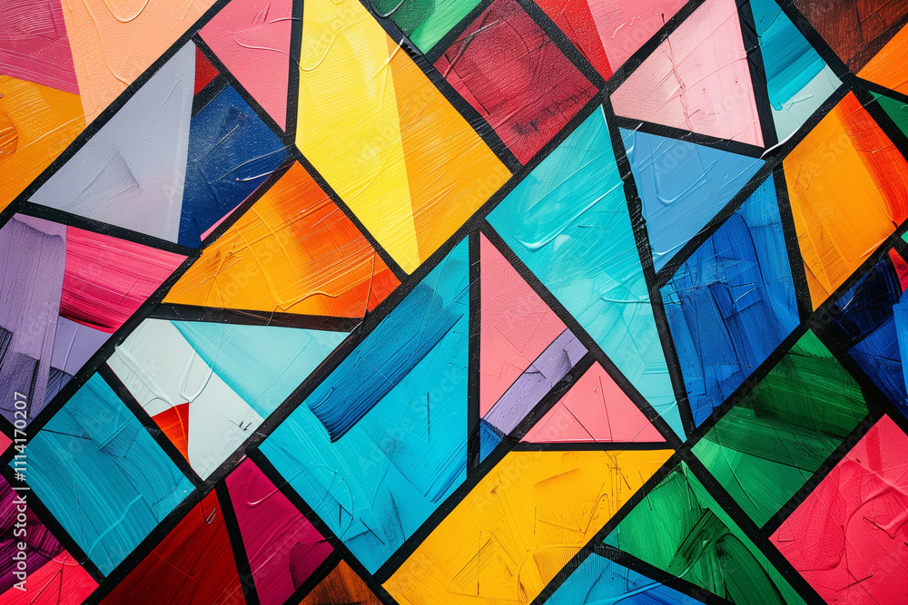 Poster overlapping geometric shapes, each filled with a different vivid color, creating a harmonious abstra