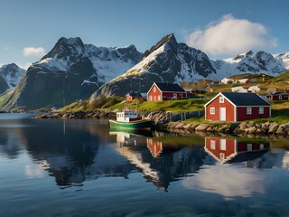 Fototapeta premium Scenic Fjord Village Red Houses Mountains and Boat Reflection