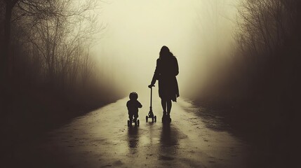 A mother in a mask teaching her child to ride a scooter on a foggy path, focus on little feet pushing off, whimsical, silhouette of mistshrouded trees, milestones in mist