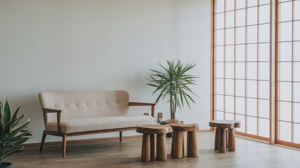 Modern Living Room with Minimalist Decor and Natural Elements. Stylish living room featuring a beige sofa, wooden stools, and a potted plant. Ideal for showcasing contemporary interior desig...